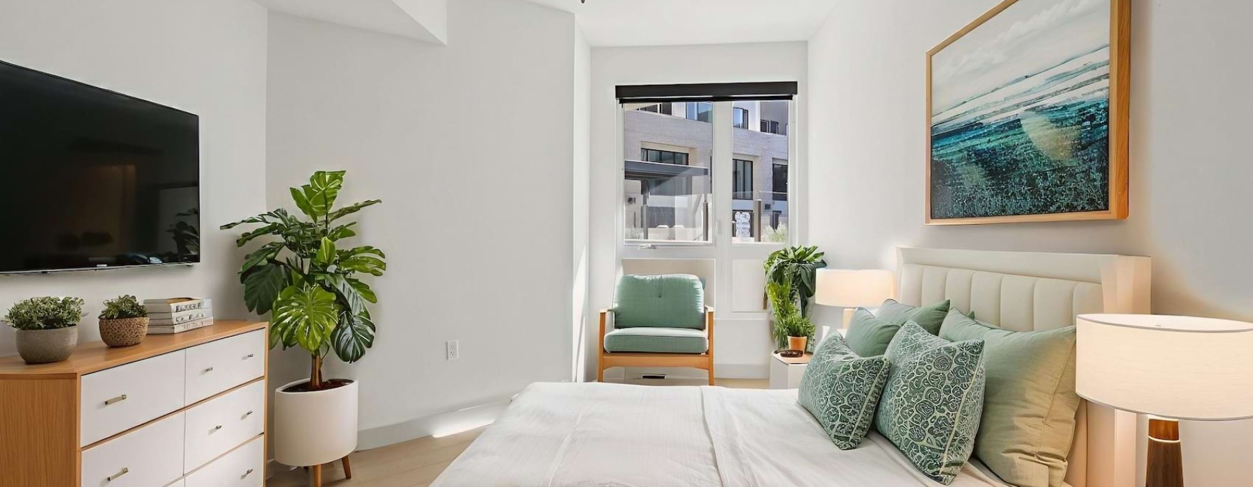 Bedroom with natural lighting and high ceilings