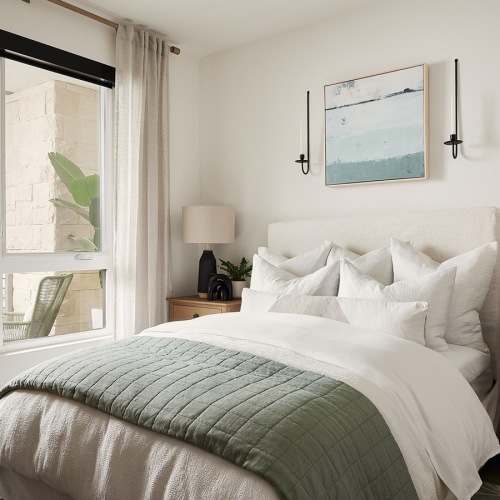 Large Bedrooms To Relax and Unwind 1 BR Apartments in Thousand Oaks CA - Santal Thousand Oaks - Bedroom with Bed, Two Nightstands, Lamps, Dresser, and Window.